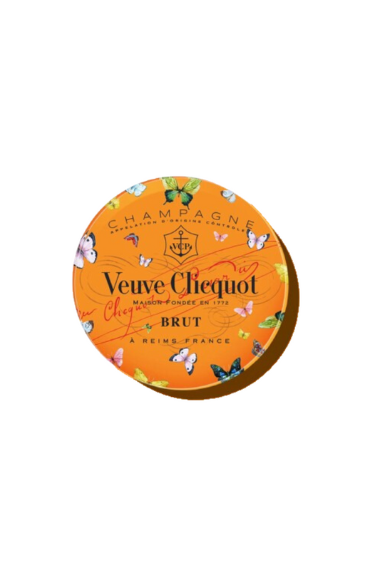 Veuve Clicquot Brut Champagne tin with butterfly illustrations on orange background