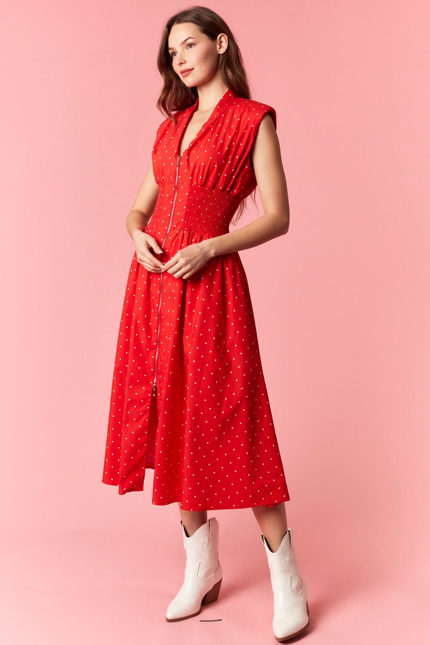Red Polka Dot Smocked Waist Midi Front Zip Dress