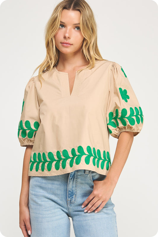 Emerald Edge Embroidery Top