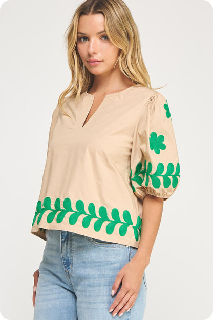 Emerald Edge Embroidery Top