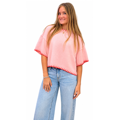 Pink + Orange Contrast Stitch Sweater - Milo & Lily Boutique