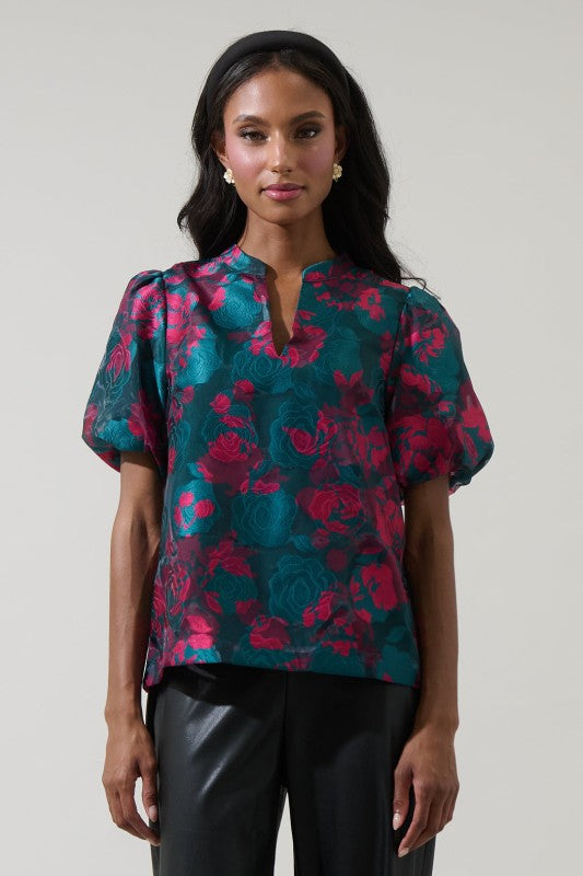 The Jewel Tone Floral Puff Sleeve Blouse