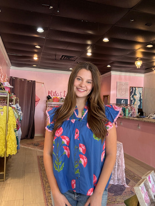Melody Blue Floral Ruffle-Sleeve Blouse