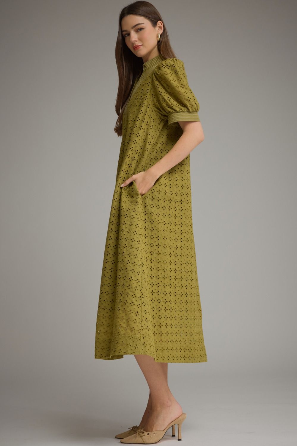 The Celeste Eyelet Midi Dress – Olive
