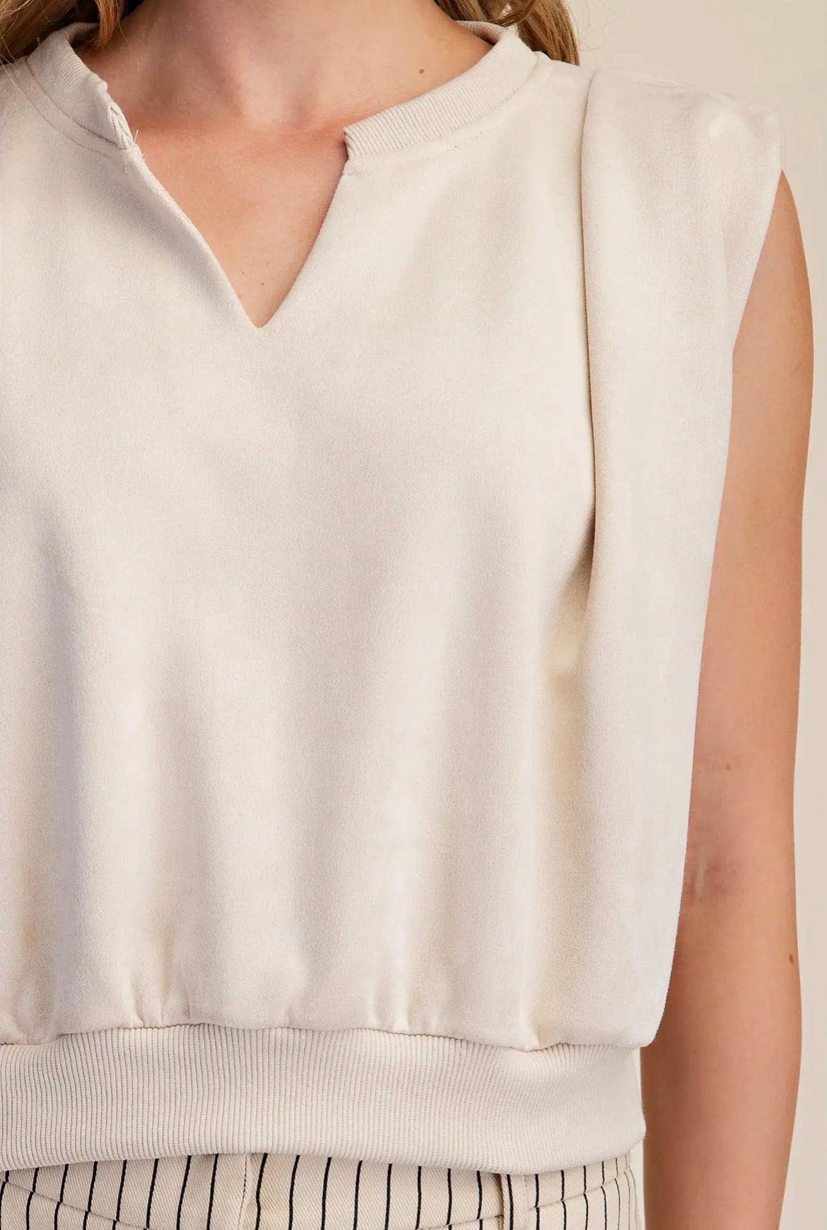 Classic Charm Suede Pleated Top - Cream