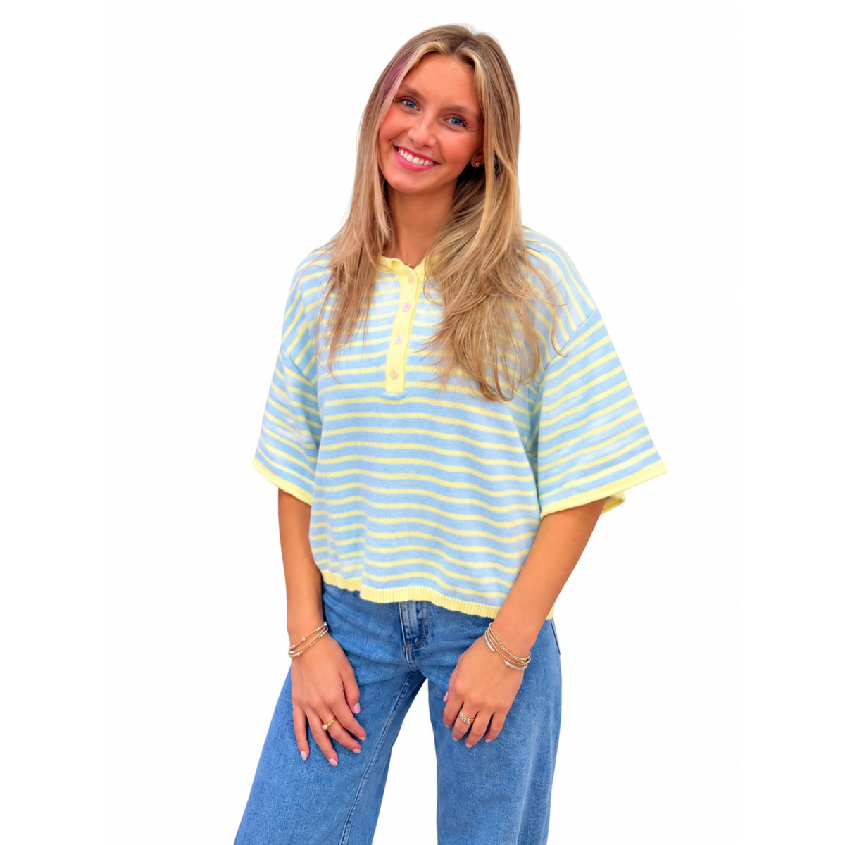 Blue Lemonade Stripe Henley Sweater - Milo & Lily Boutique