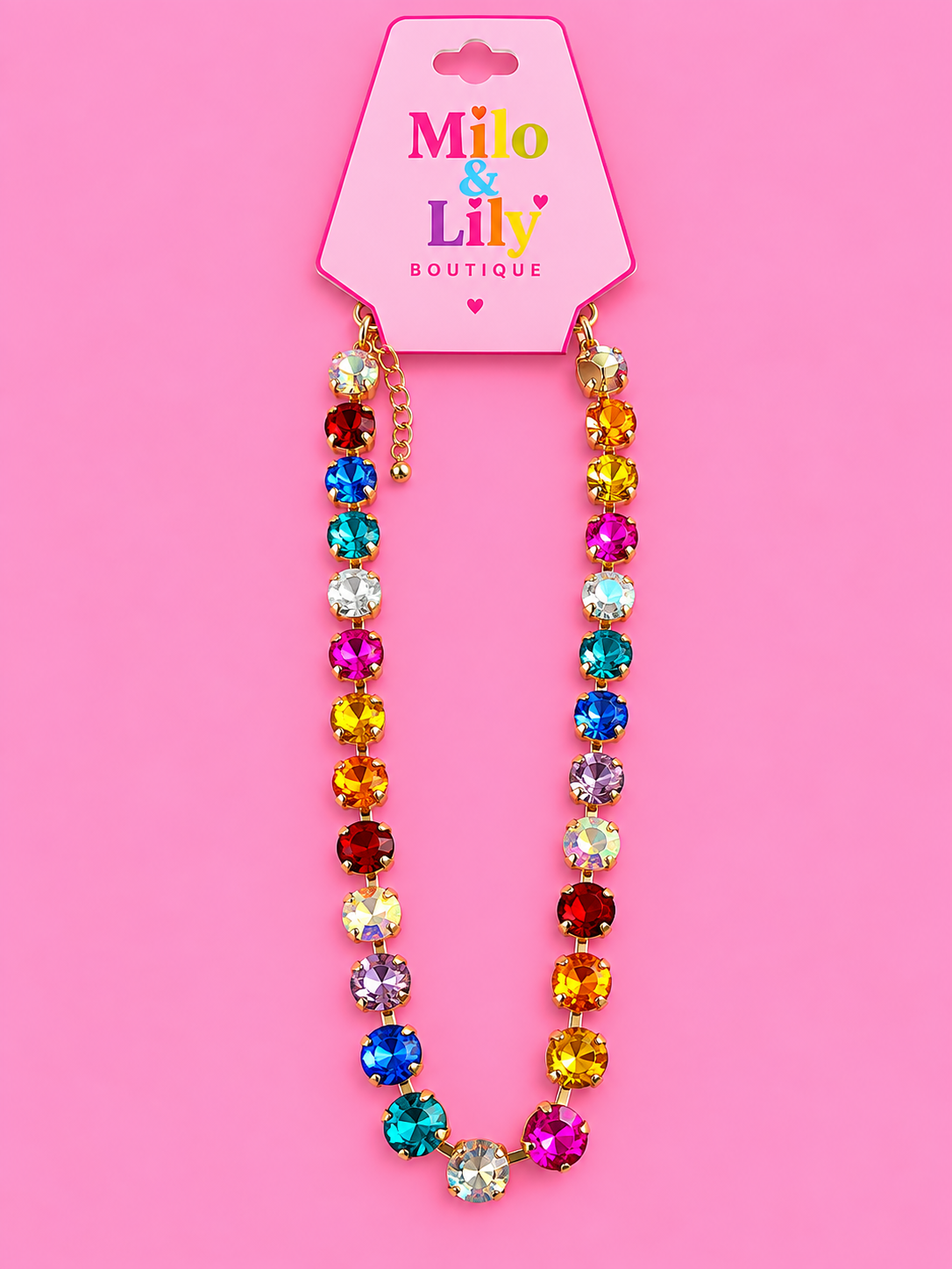 Color Me Happy Crystal Necklace

Consider this your instant outfit mood-booster. The Color Me Happy Crystal Necklace features a playful mix of vibrant, faceted stones in pink, blue, turquoise, ruby, orange, yellow, lavender and iridescent hues, all set in