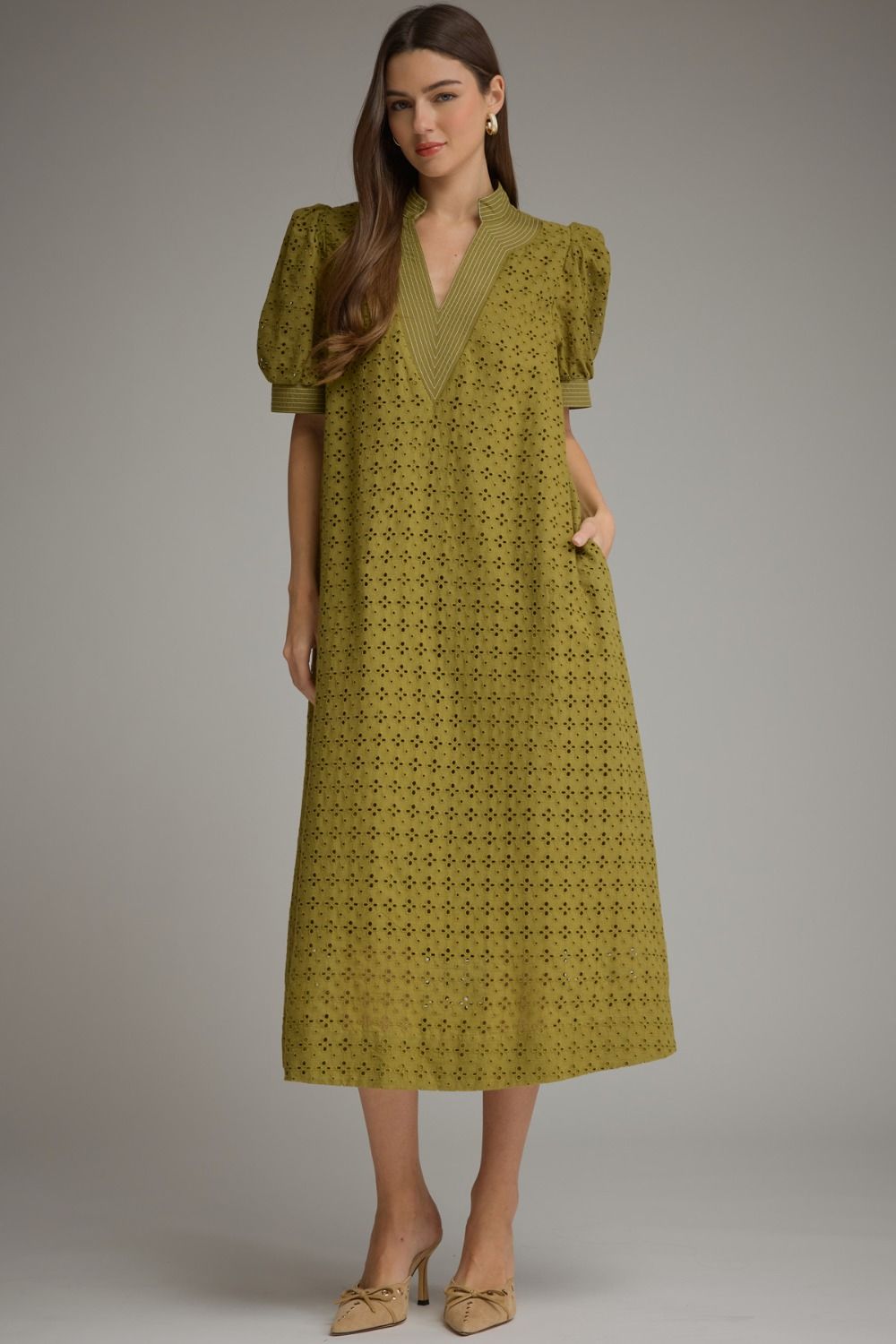 The Celeste Eyelet Midi Dress – Olive