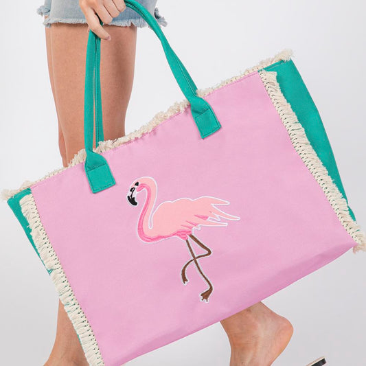 Flamingo Embroidered Beach Tote