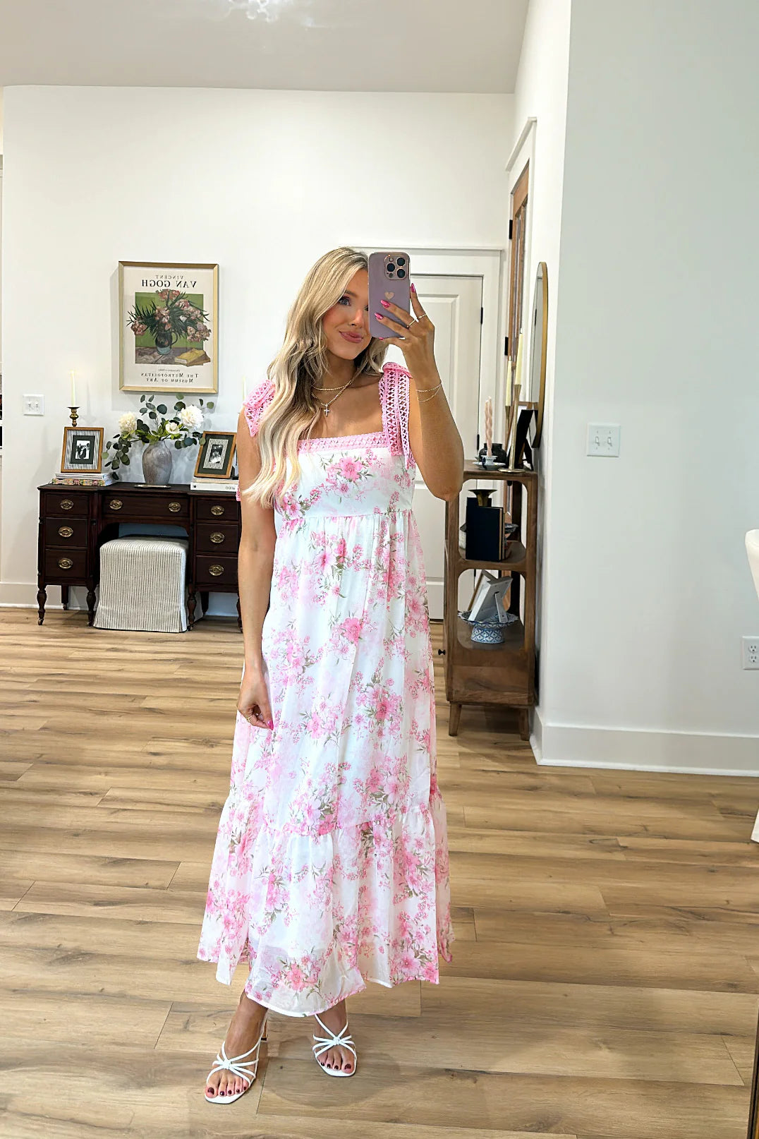 Pink Floral Crochet Lace Strap Maxi Dress