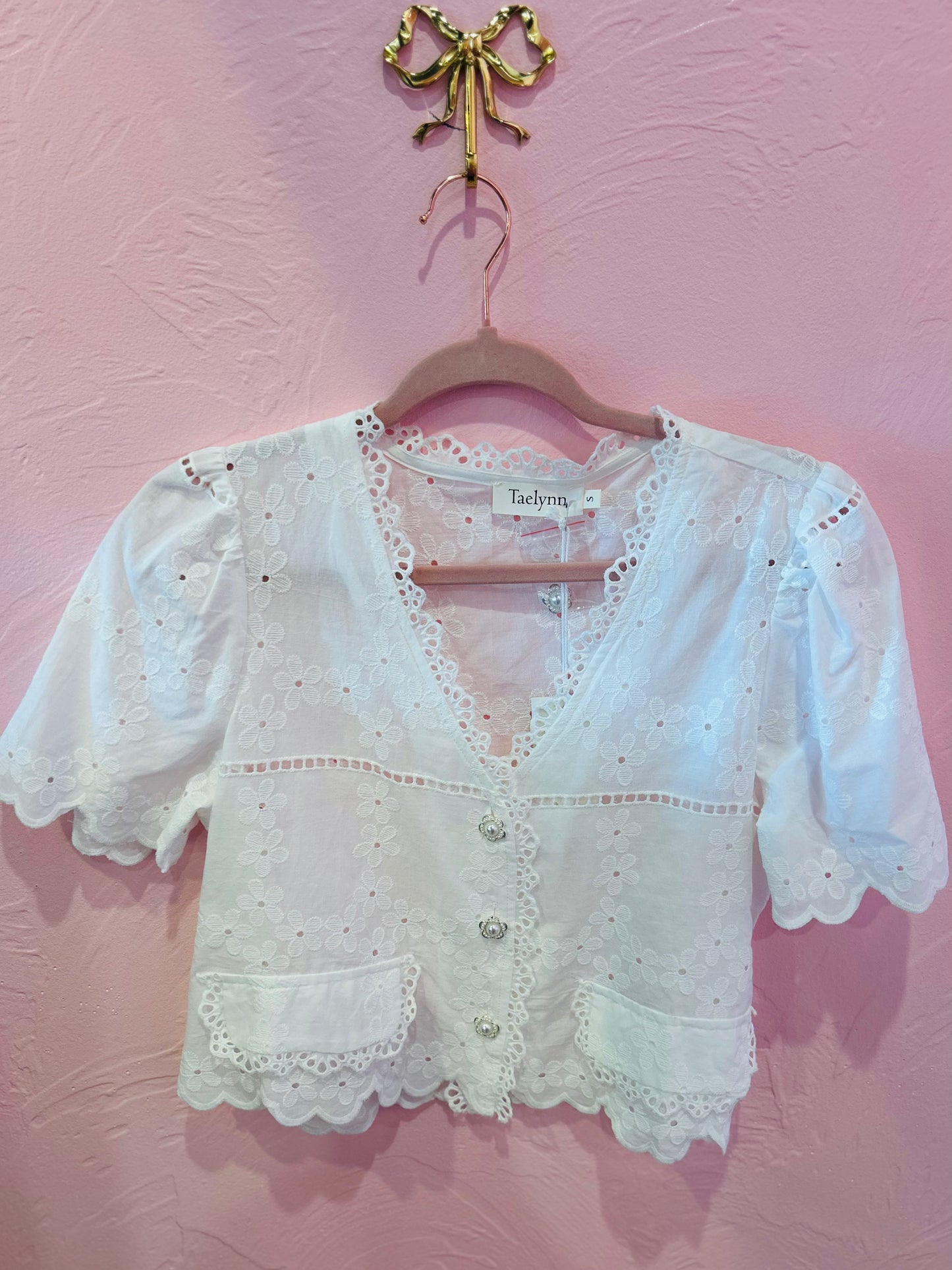 White Floral Eyelet Button-Up Top