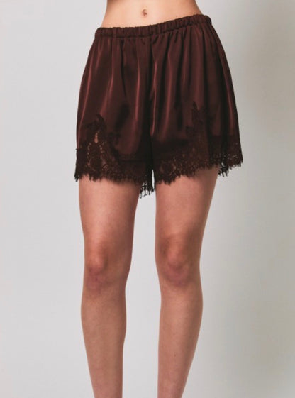 Midnight Lace Satin Shorts- Chocolate