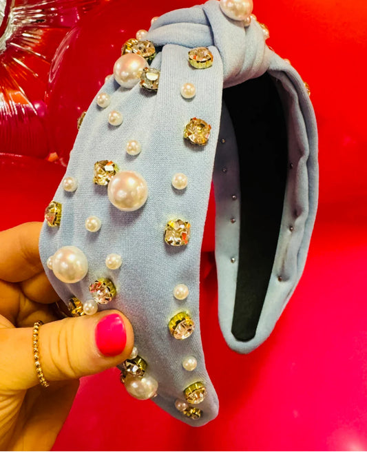 Rhinestone and Pearl Sky Blue Headband