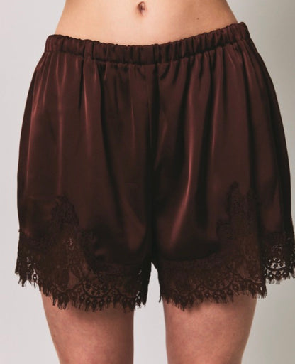 Midnight Lace Satin Shorts- Chocolate