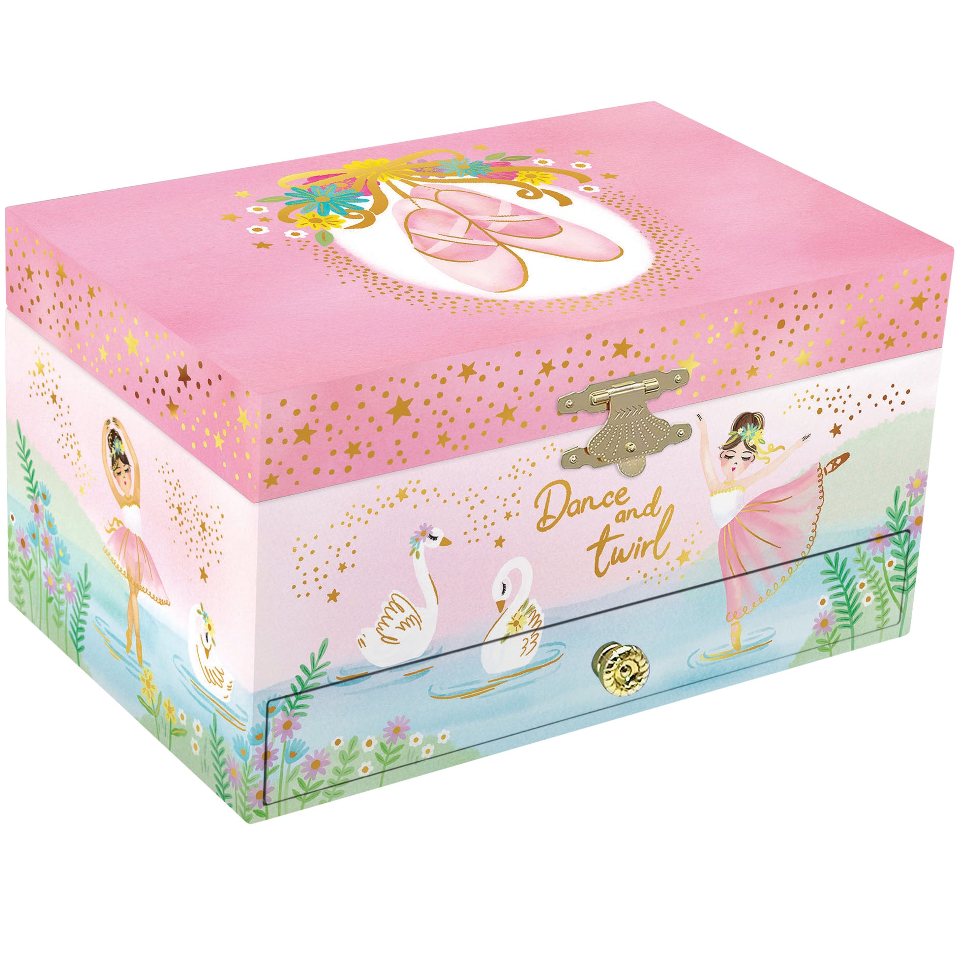 Pink ballerina jewelry box with dance and swan illustrations, gold accents, and floral trim