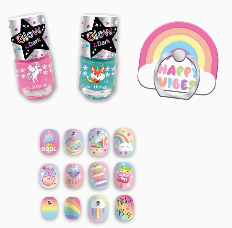A set of pastel rainbow-themed nail art decals and gel polish bottles on a white background. The set includes two bottles of glow-in-the-dark pink and teal polish, a rainbow-shaped sticker that says 'HAPPY VIBES', and twelve small oval nail art designs featuring unicorns, rainbows, cakes, stars, and motivational phrases.