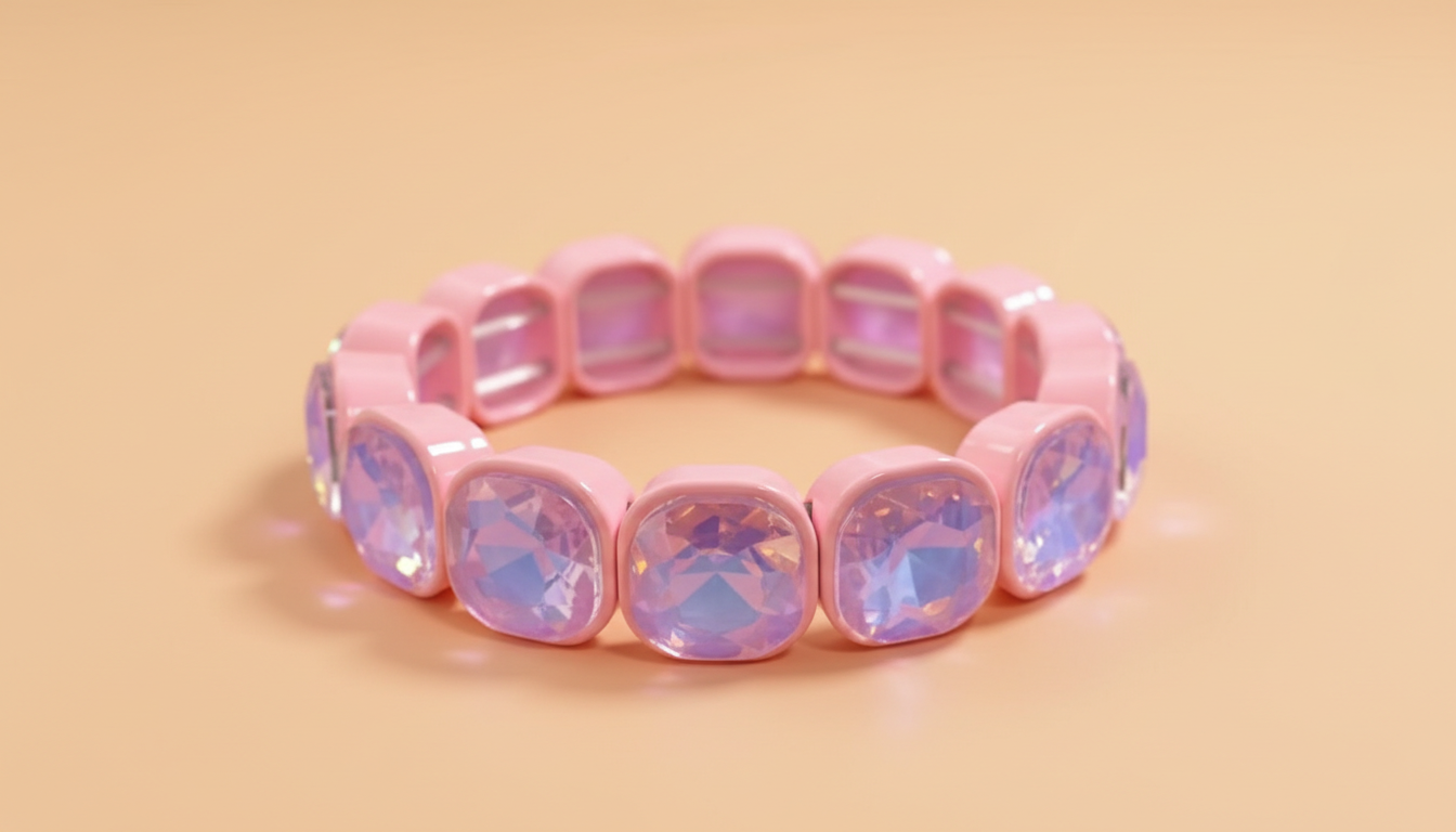 Pink bracelet with iridescent stones on a beige background