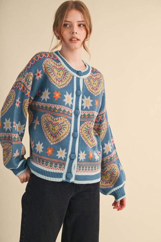 Woman wearing a colorful patterned sweater on a beige background