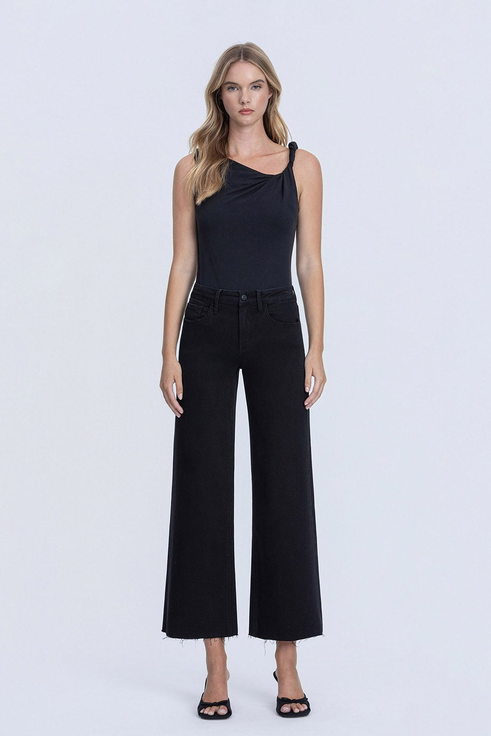 High Rise Raw Hem Crop Jet Black Wide Leg Jeans