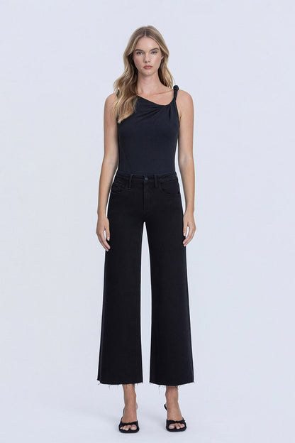 High Rise Raw Hem Crop Jet Black Wide Leg Jeans