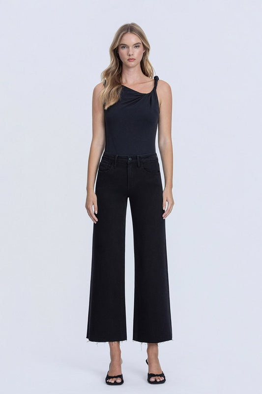 High Rise Raw Hem Crop Jet Black Wide Leg Jeans