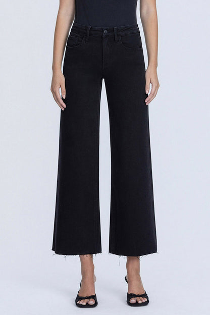 High Rise Raw Hem Crop Jet Black Wide Leg Jeans