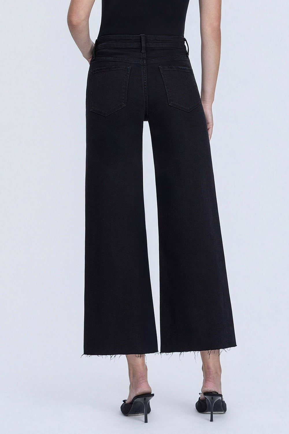 High Rise Raw Hem Crop Jet Black Wide Leg Jeans