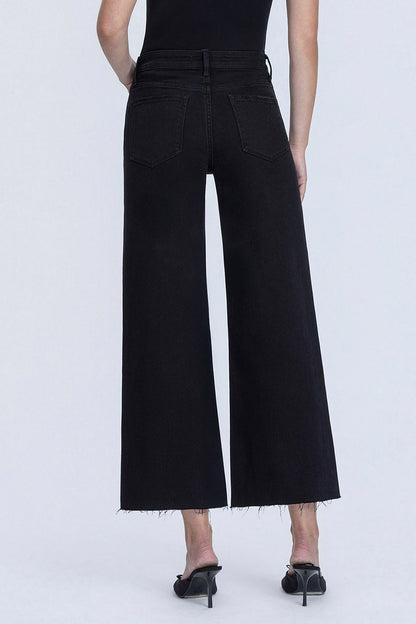 High Rise Raw Hem Crop Jet Black Wide Leg Jeans