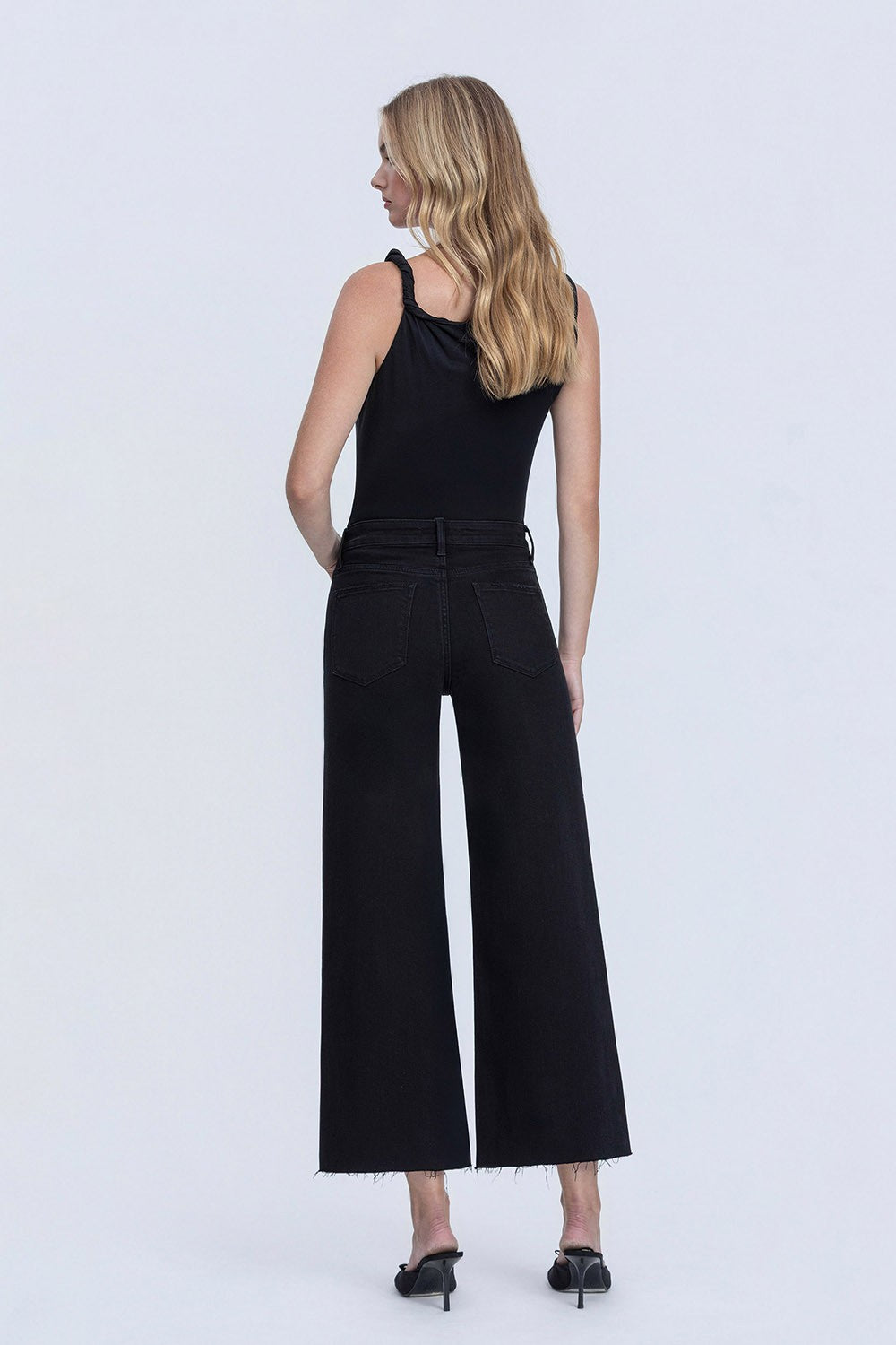 High Rise Raw Hem Crop Jet Black Wide Leg Jeans