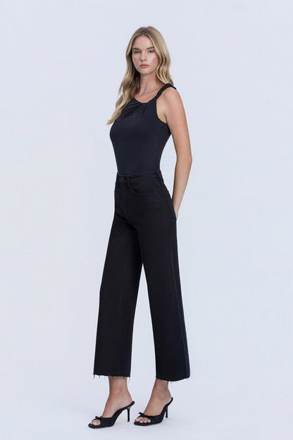 High Rise Raw Hem Crop Jet Black Wide Leg Jeans