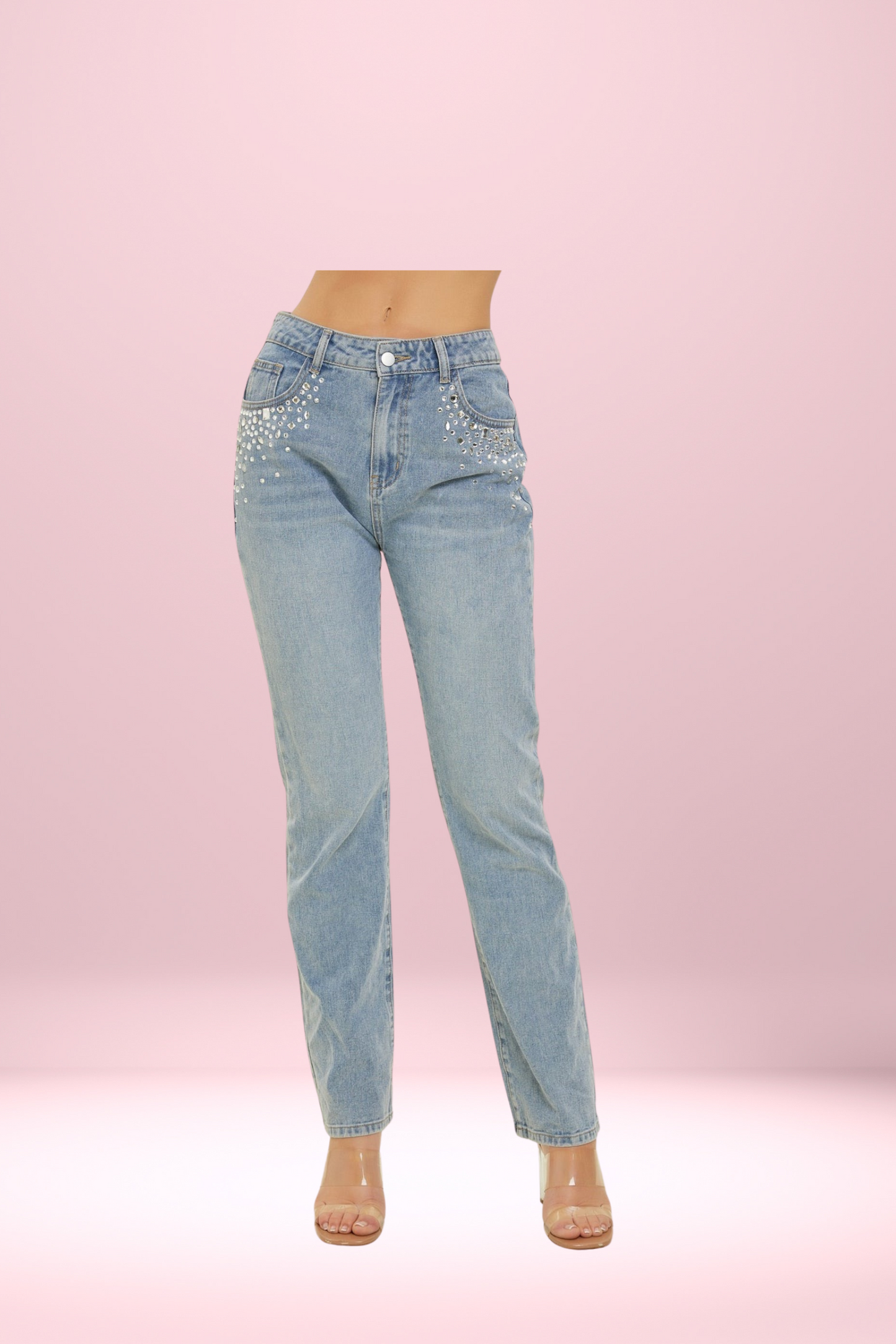 Rhinestone Embellished Straight Leg Denim