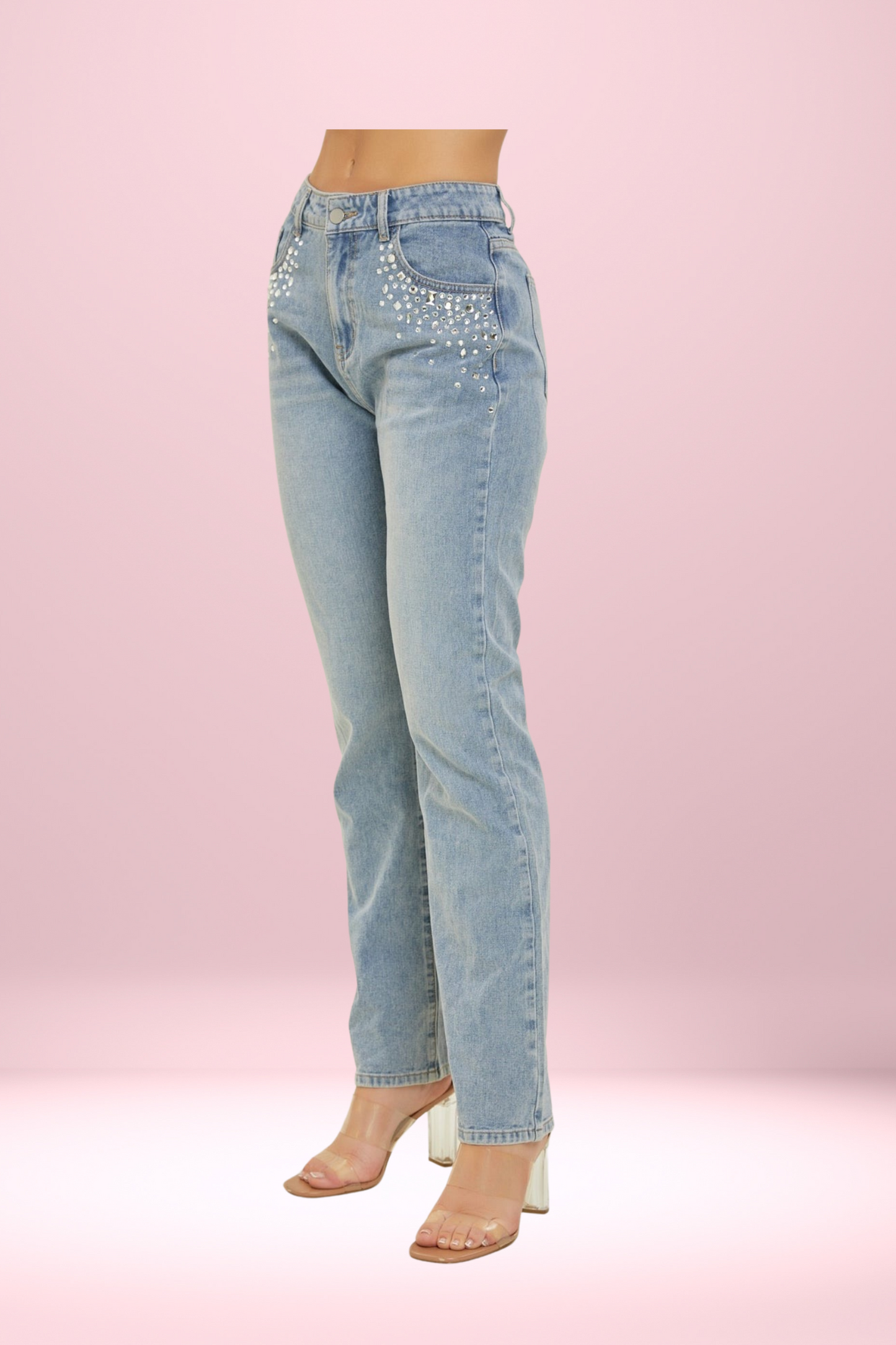 Rhinestone Embellished Straight Leg Denim
