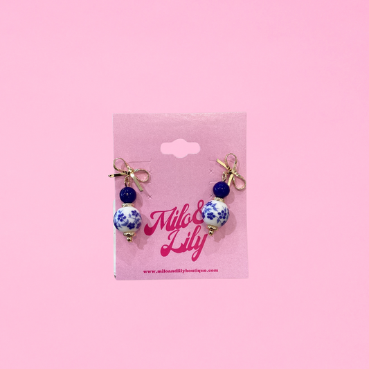 Bow & Blue Toile Gold Dangle Earrings
