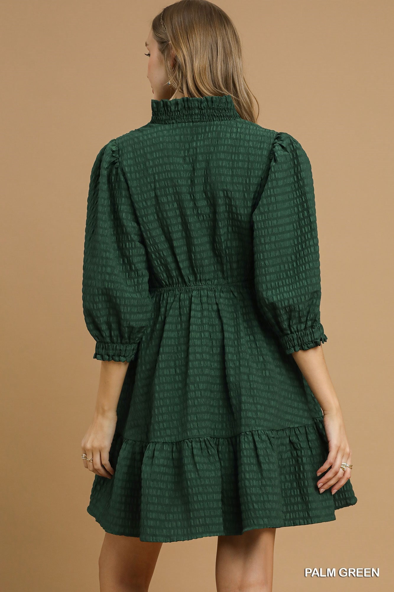 Back view of a textured mini dress featuring a tiered skirt and puff sleeves with elastic cuffs, shown in a relaxed swing silhouette.
