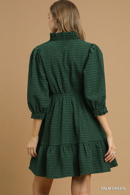 Back view of a textured mini dress featuring a tiered skirt and puff sleeves with elastic cuffs, shown in a relaxed swing silhouette.