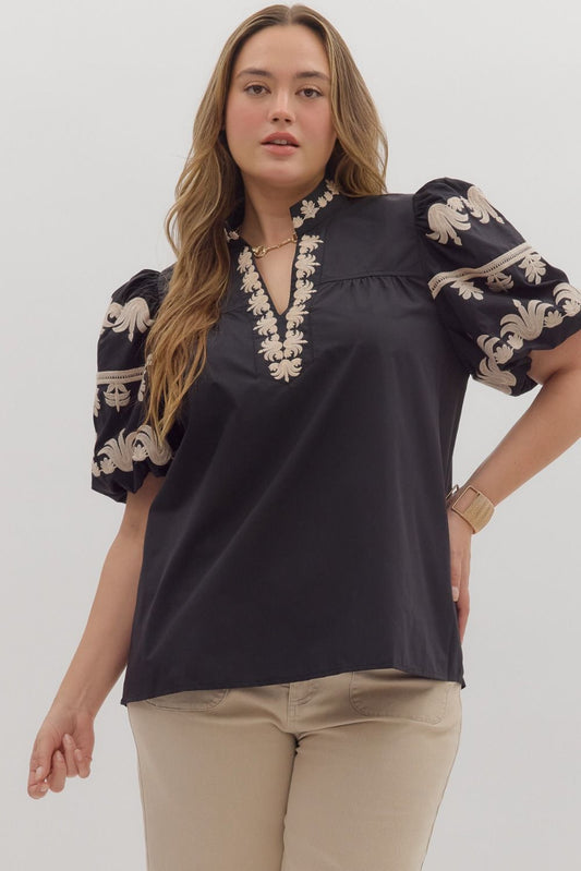 Model wearing a short-sleeve puff blouse with intricate embroidery on the sleeves and neckline; features a notched collar and relaxed fit.
