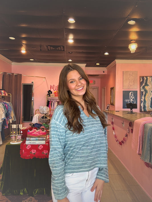 Dusty Teal Striped Knit Top