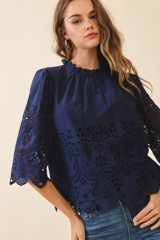 Midnight Bloom Cutout Blouse 🌸💙