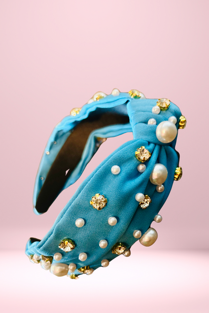 Rhinestone & Pearl Headband - Ocean Blue