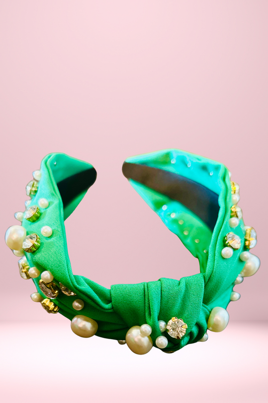 Rhinestone & Pearl Headband - Kelly Green