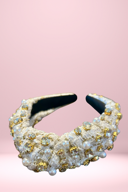 Chic White Tweed Rhinestone & Pearl Knot Headband
