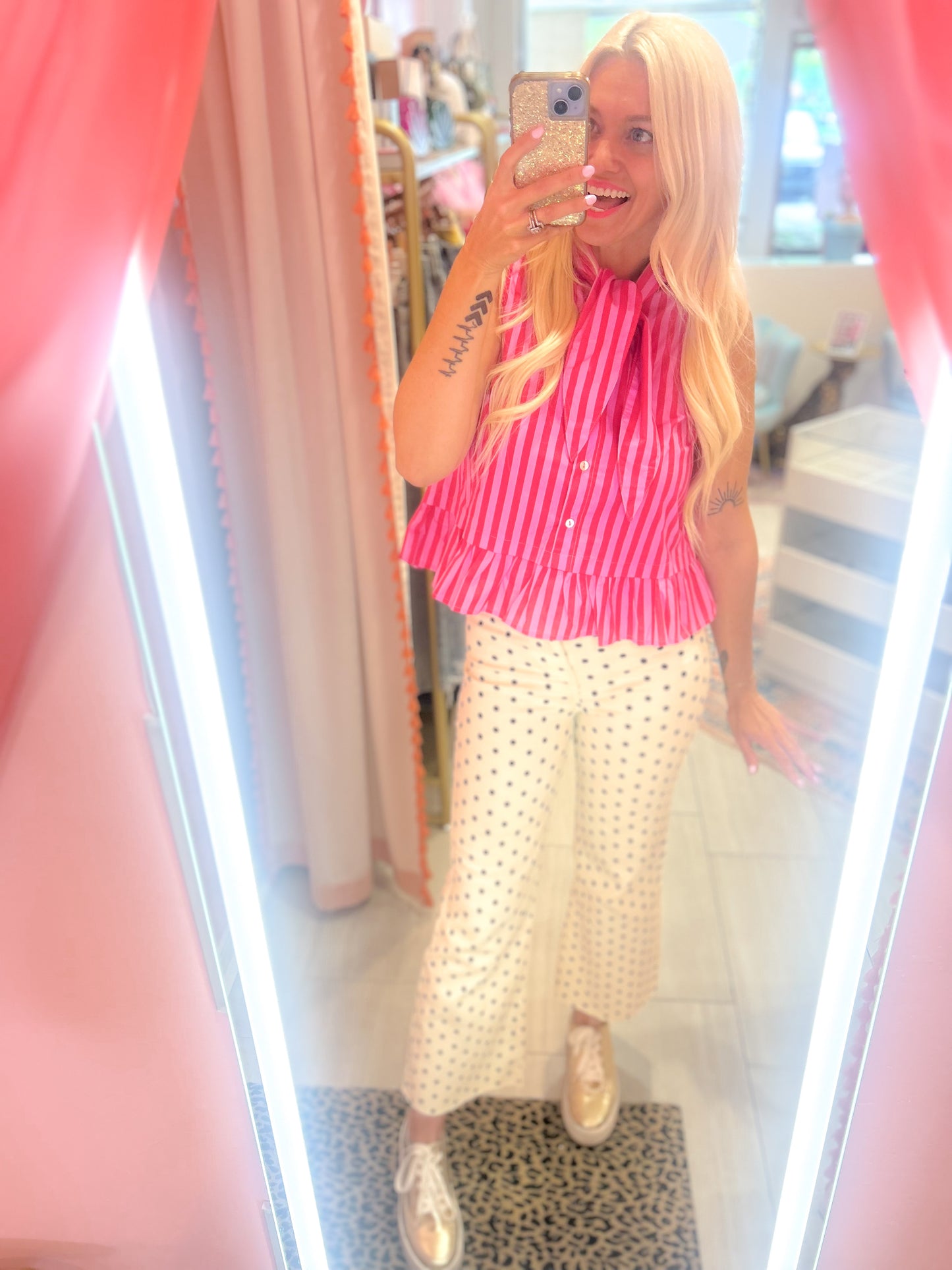 White poppy and pine ivory polka dot flare pants with pink and red peplum top with scarf