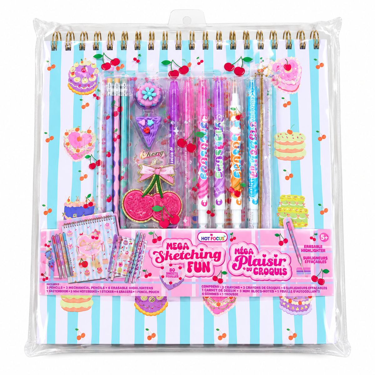 A packaged hot glue set featuring a spiral-bound sketchbook with a blue and white striped cover decorated with pink cherry and cake illustrations, along with multiple colorful pens and stickers. The set is sealed in clear plastic packaging with a pink label at the bottom that reads 'MEGA Sketching FUN' and 'MEGA Pluisir PENS'.