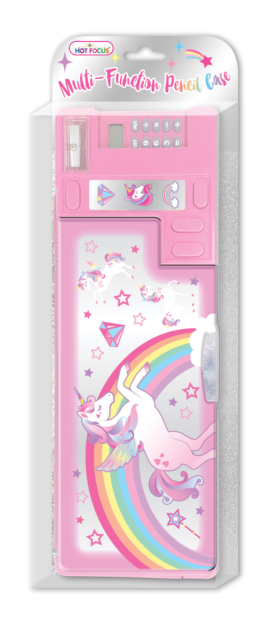A pink multi-function pencil case in its original retail blister packaging, featuring a unicorn and rainbow design on the front.