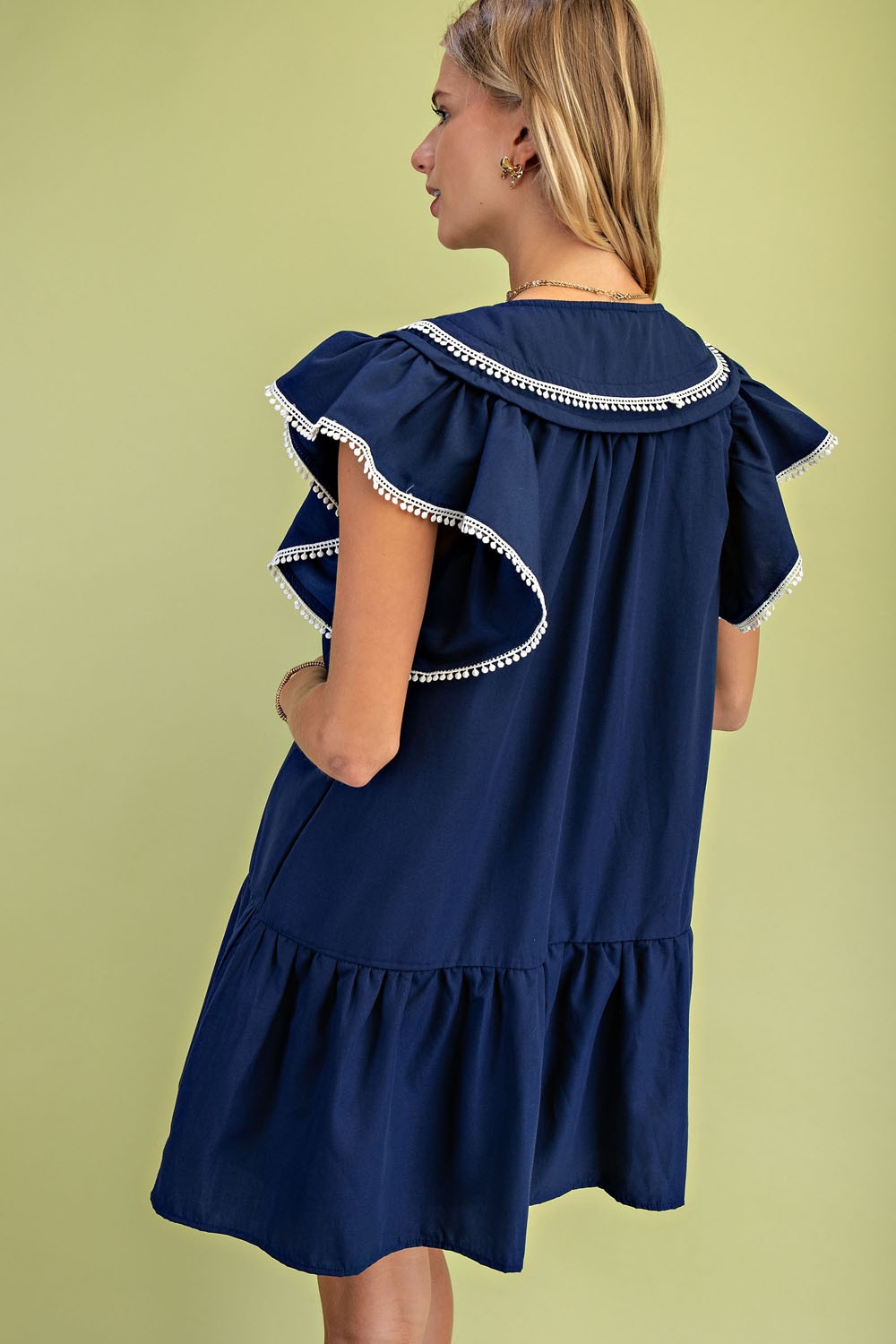 Navy Blue Coastal Charm Ruffle Mini Dress Large Navy Blue Coastal Charm Ruffle Mini Dress Large