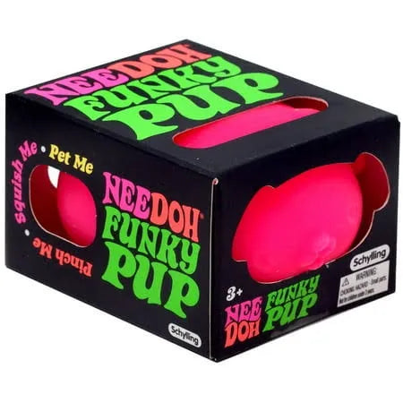 Pink toy with 'NEEDOH FUNKY PUP' text on a black box