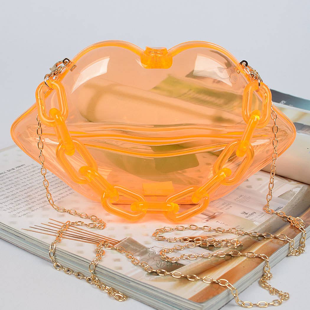 Orange Lips transparent handbag with gold chain
