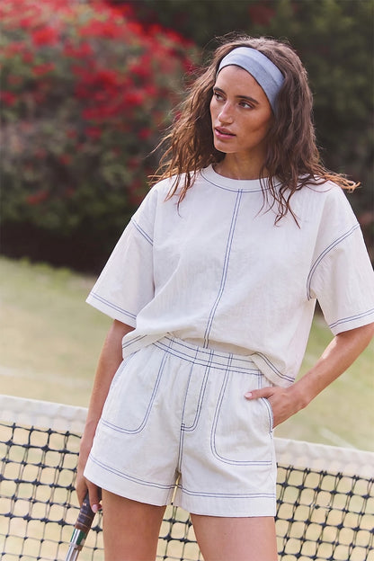 Elevated Basic Stitch Detail Crop Top - White