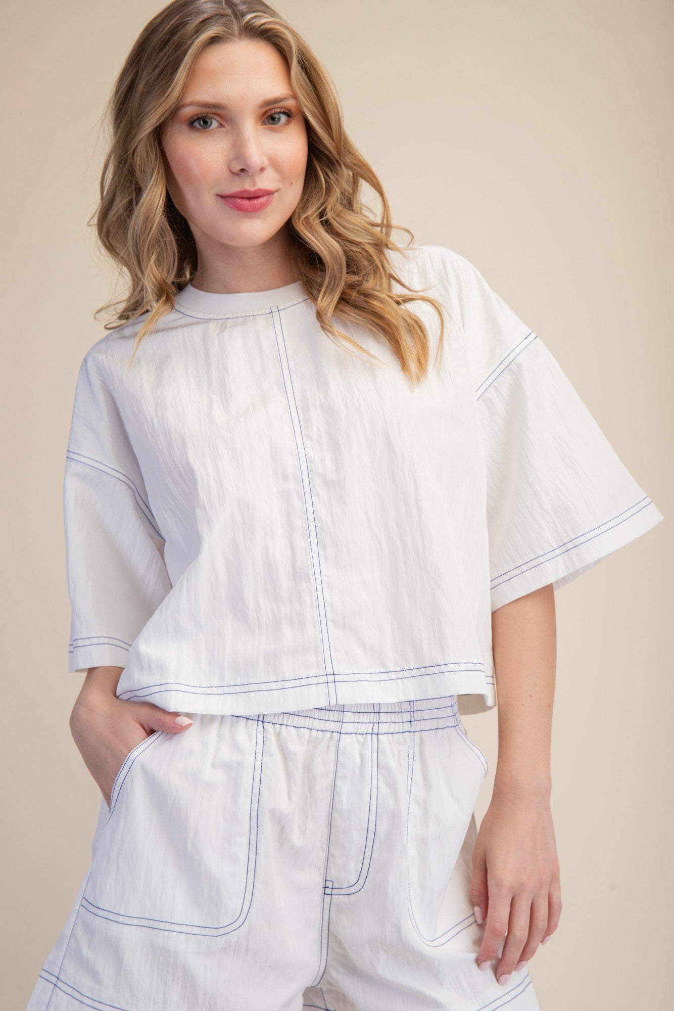 Elevated Basic Stitch Detail Crop Top - White