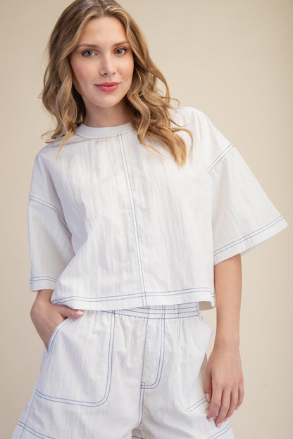 Elevated Basic Stitch Detail Crop Top - White